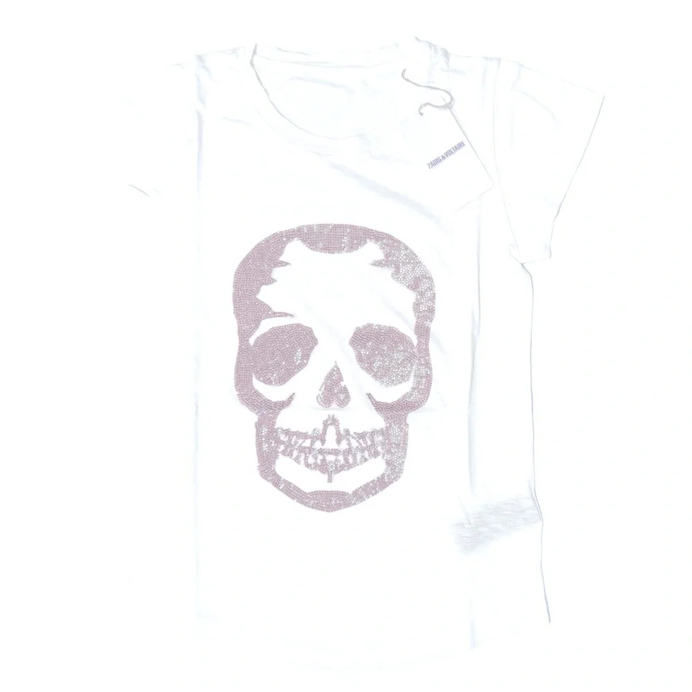 Zadig & Voltaire Skinny Skull Strass White & Pink Tee NWT